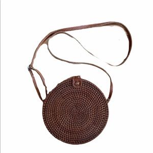 Round woven brown wicker purse bag green lining